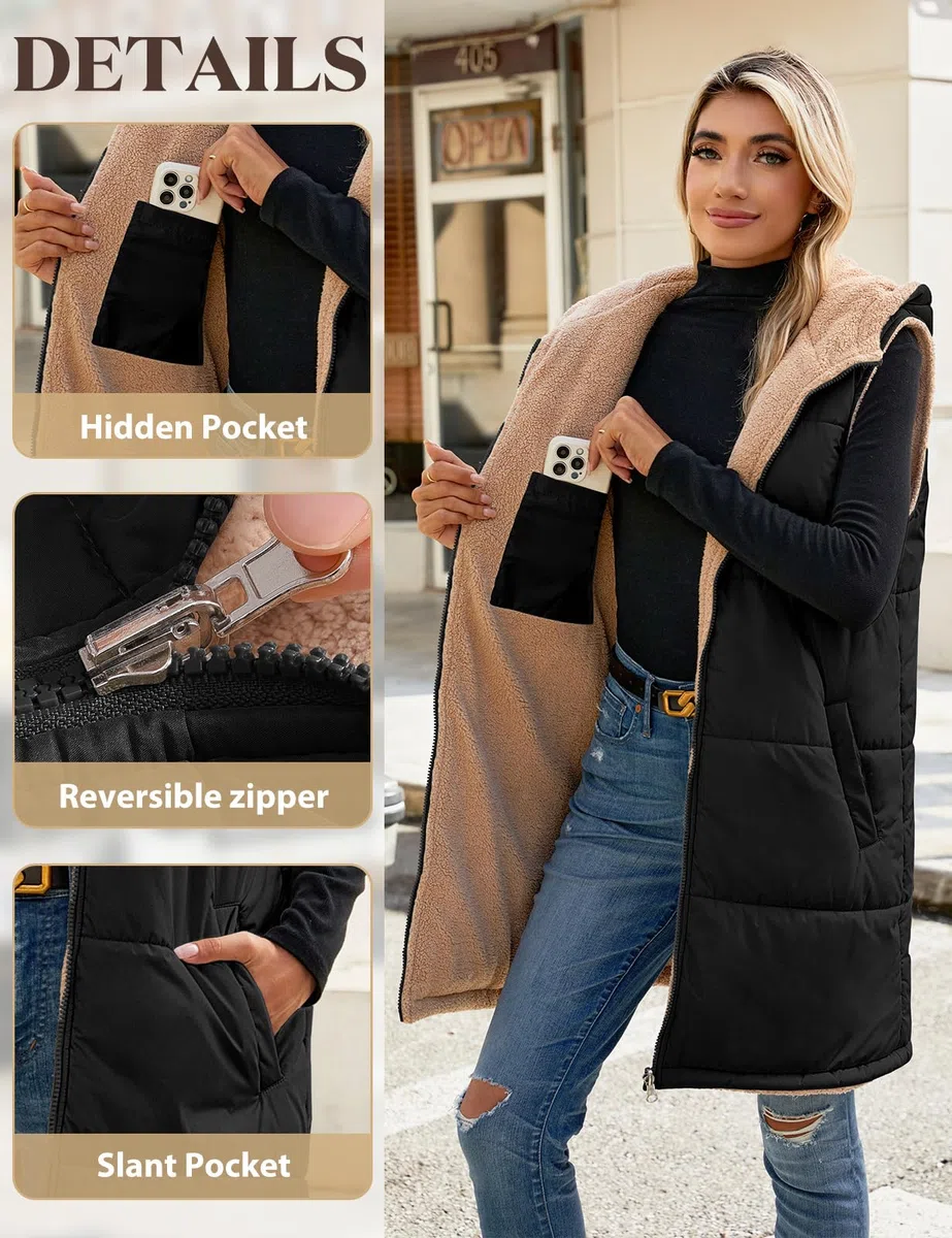 Tuopuda Chaleco Acolchado Mujer con Capucha Chaqueta de Larga Sin Mangas con Cremallera Cálidos Chaleco de Forro polar Invierno Outwear con Bolsillos