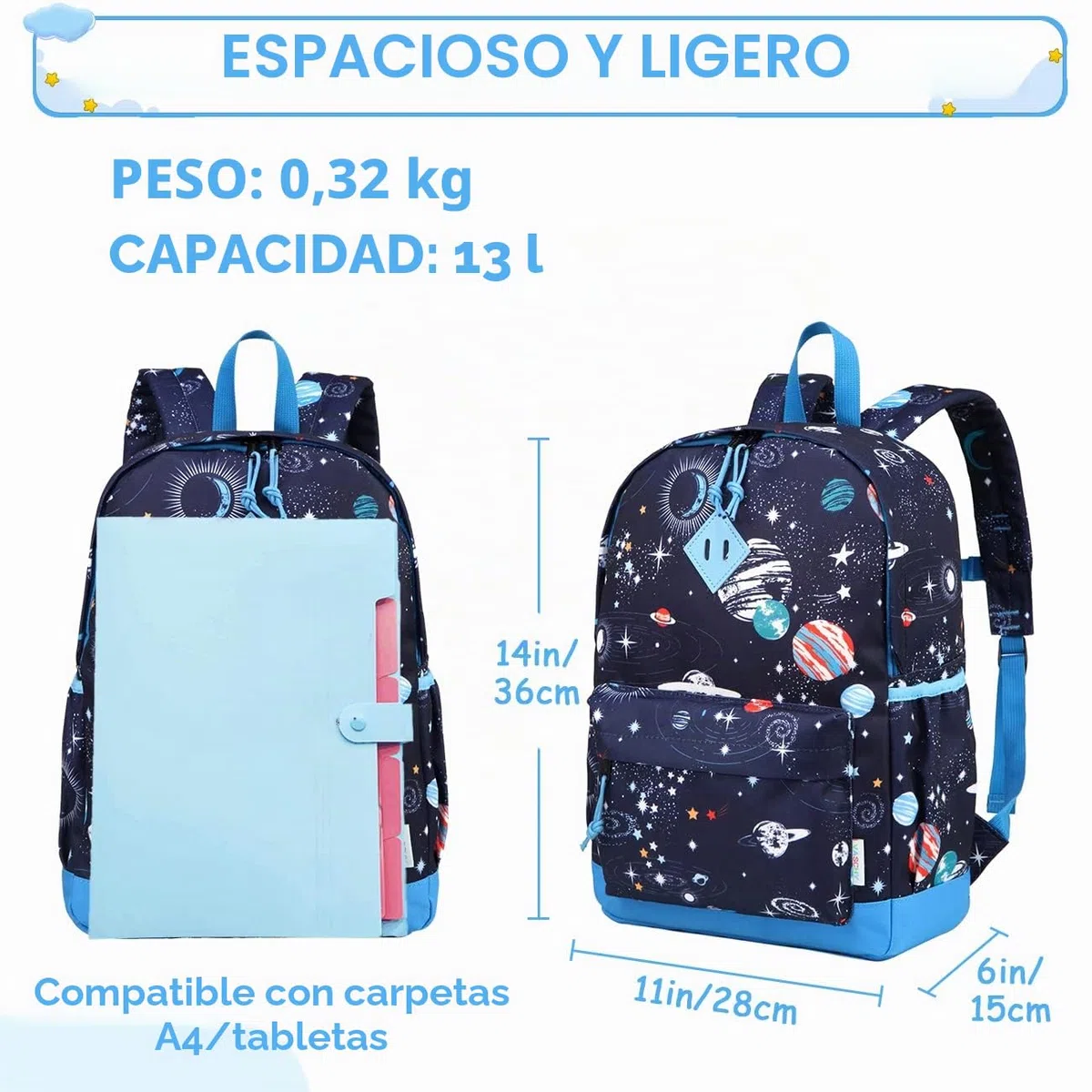 VASCHY Mochila Niña,Mochila Infantil 4-6 Años para Escolar Ajustar Carpeta A4 con Bolsillos Laterales y Correa en Pecho