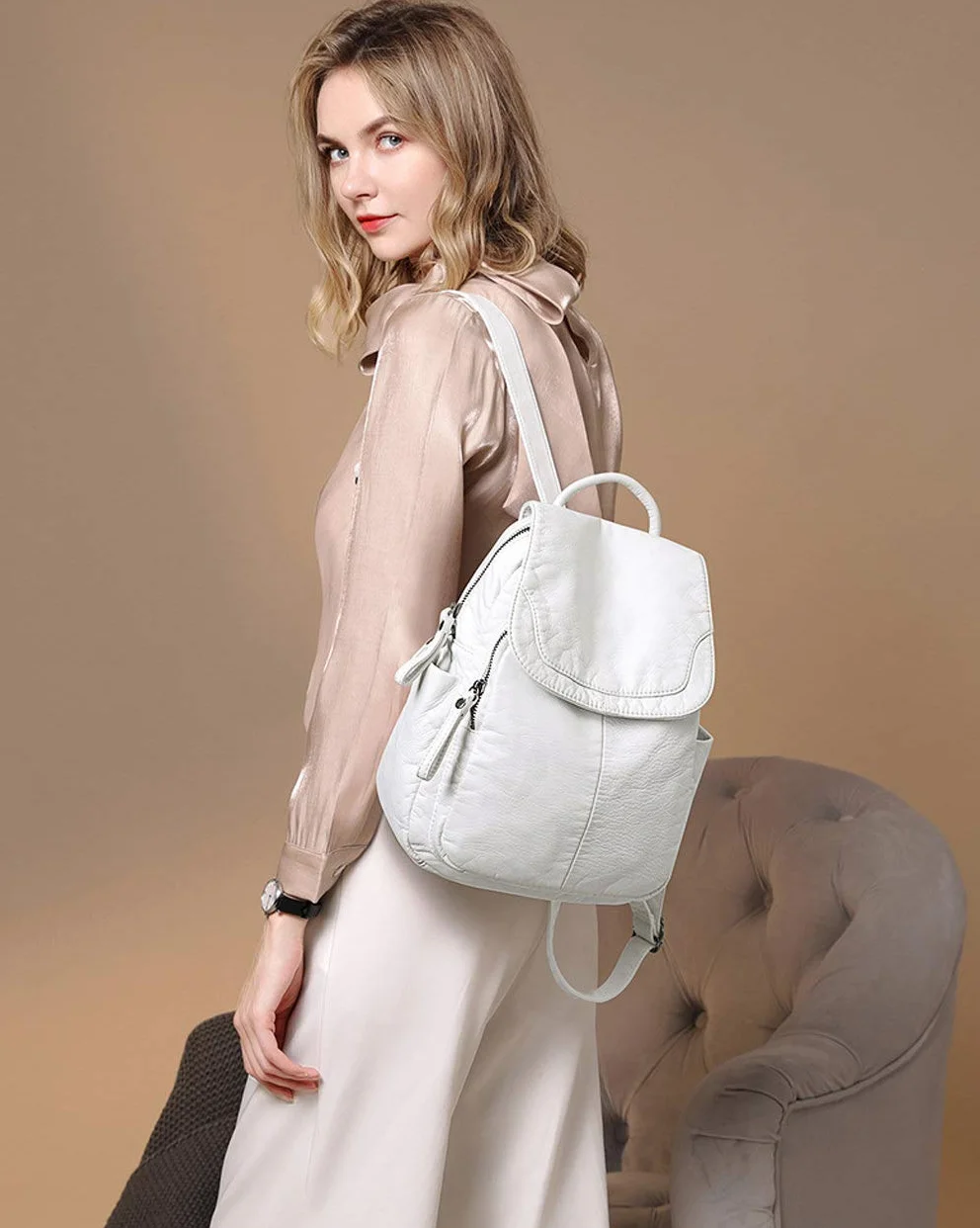 BUKESIYI Mujer Bolsos Mochila Niña Vestir Antirobo Pequeña Casual Bandolera Portatil PU Cuero Piel ES78179 Gyöngyfehér