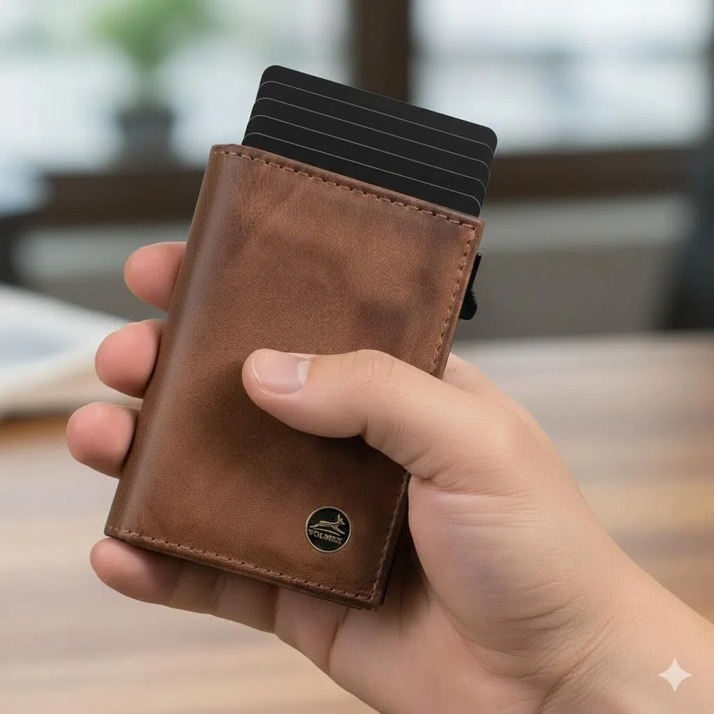 Fa.Volmer Pop-UP VO44P - Tarjetero con Compartimento para Monedas de Piel auténtica para Hombre y Mujer, 11 Tarjetas, protección RFID, Anteque Brown, 6 x 9,5 x 2,5cm, Contemporáneo