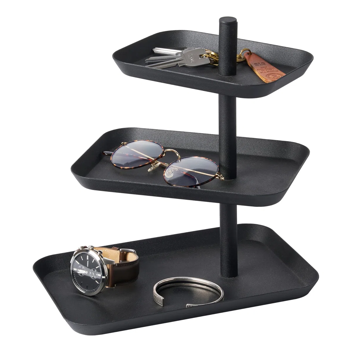 YAMAZAKI Home - Bandeja de accesorios de 3 niveles para joyas y organizador de almacenamiento, acero, aleación, negro, tamaño estándar