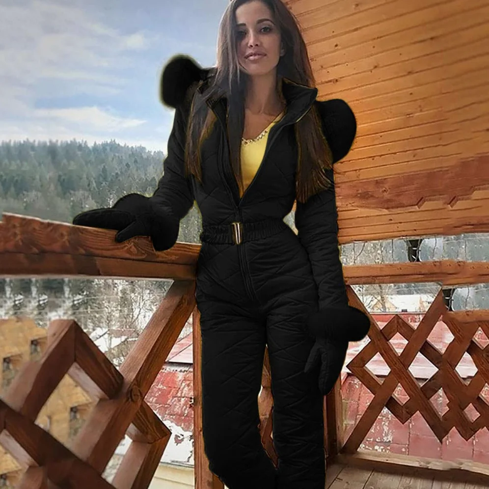 Traje de esquí para mujer, de una pieza, cálido, traje de nieve para mujer, mono de esquí para invierno, cálido, para esquiar, para exteriores, con capucha, cierre de cremallera, traje de esquí,
