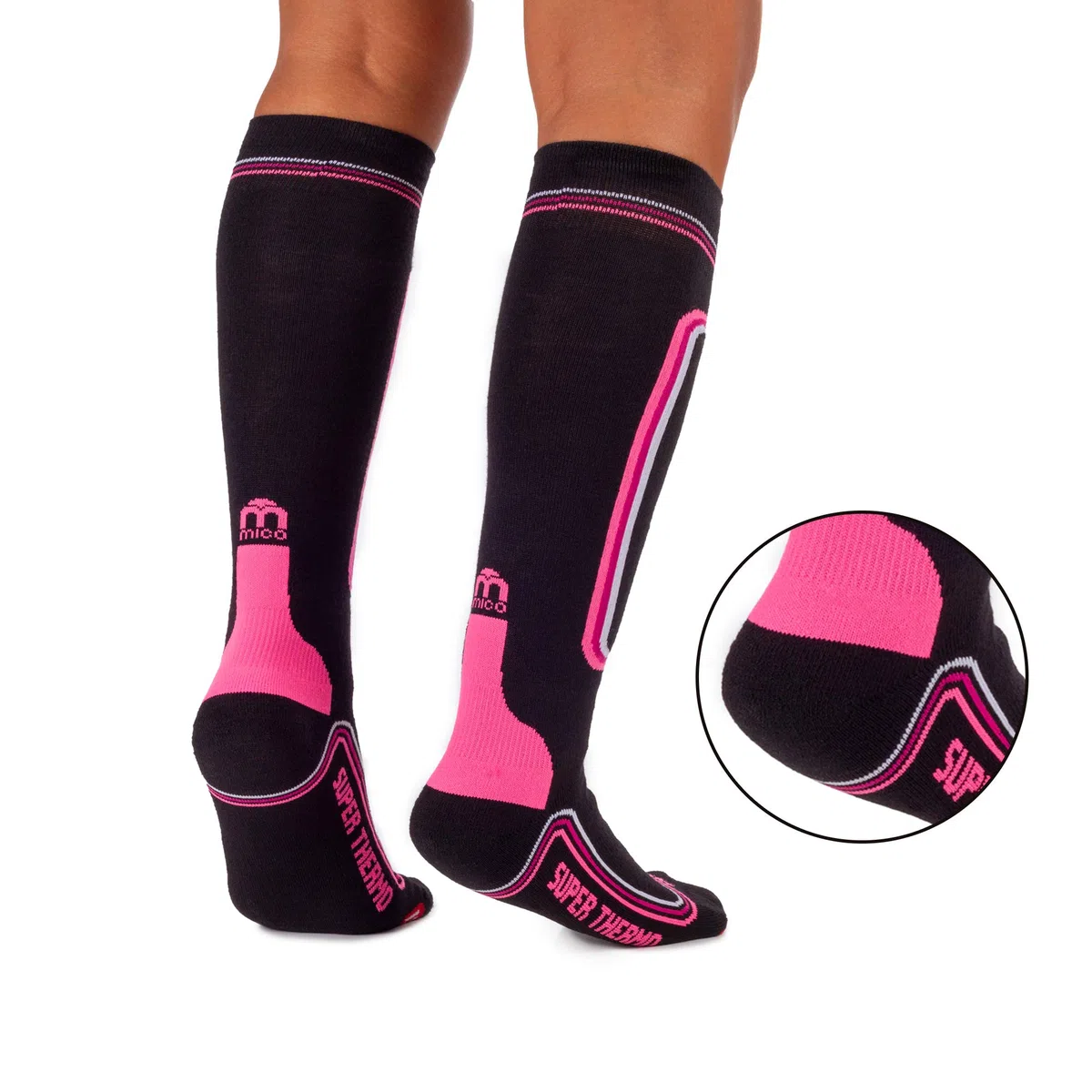 MICO CALCETINES DE ESQUI' SUPERTHERMO PRIMALOFT en Tejido de Polipropileno Micotex + Fibra LYCRA, 100% Made in Italy, Pesado y con Poder Aislante, para Mujeres Deportes, en Color Negro Pùrpura Fluo