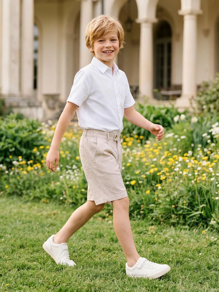LOLANTA Pantalones Cortos de Seersucker Niños Shorts Elegantes y Ligeros de Mezcla de Algodón, Cintura Ajustable con Bolsillos para Playa, Bodas y Uso Diario