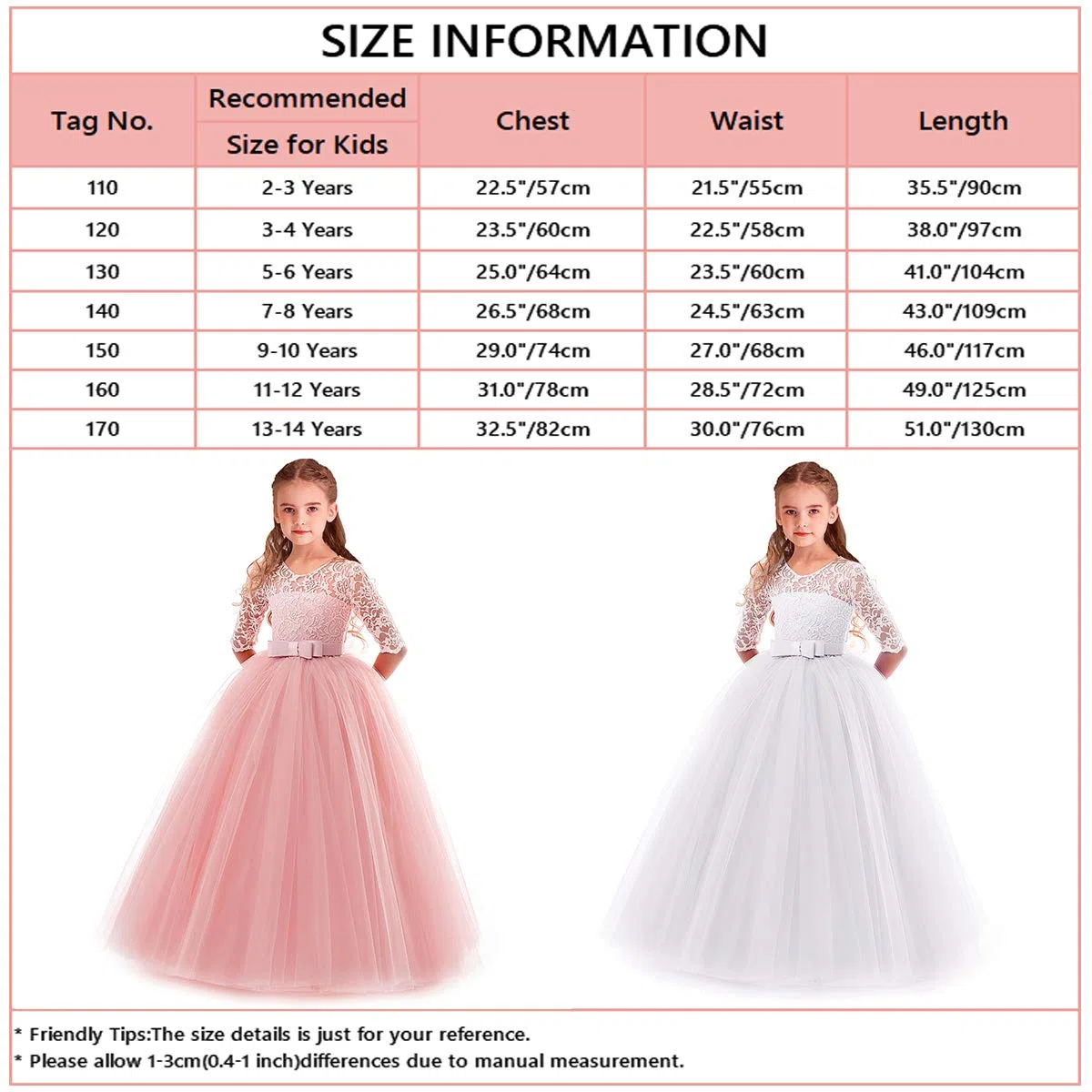 MYRISAM Vestido de Primera comunión con Encaje de Tul y Manga 3/4 para niñas, para cumpleaños, Bautizo, Concurso, Boda, Fiesta, Baile, 3-14 años