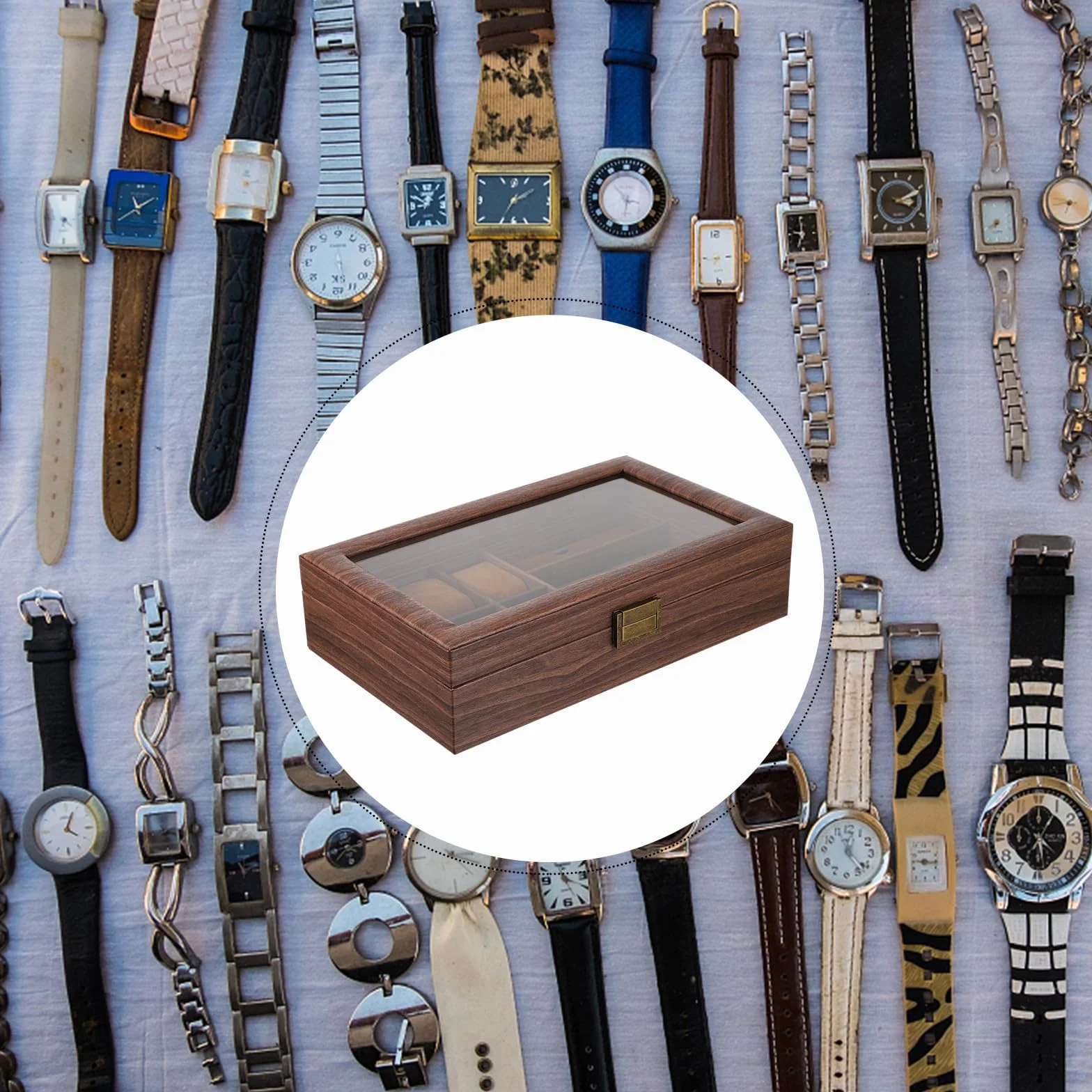 TOYANDONA Caja Organizadora y 3 Espacios Retro de Relojes y Gafas de Madera 6 Compartimentos Estuche Funcional para Almacenamiento y Exhibición para Relojes para Gafas