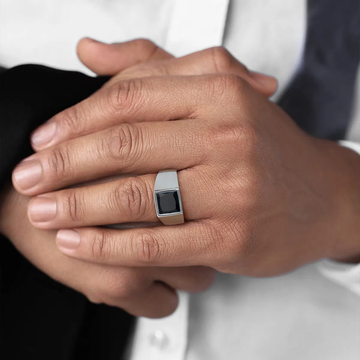 Bestyle Anillo de Sello Cuadrado Hombre Ancho 8mm Piedra Negro/Azul | Acero Inoxidable Personalizados Anillos para Mujer Hombre Tamaño 14.5-32.5