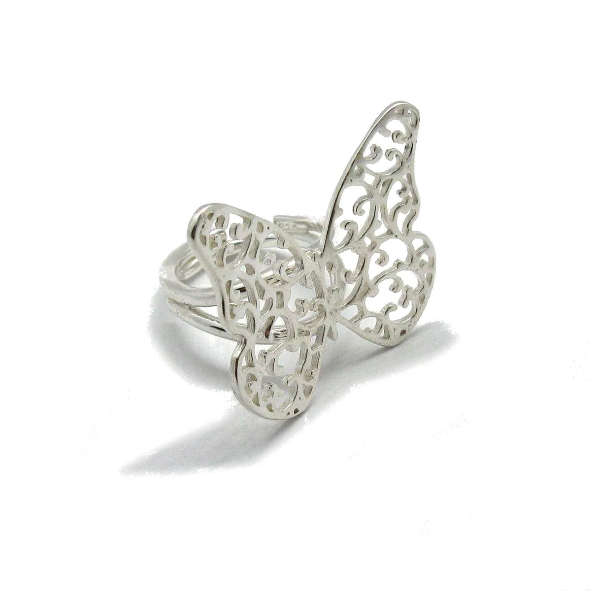 Anillo de plata mariposa de filigrana sólido 925 de tamaño ajustable