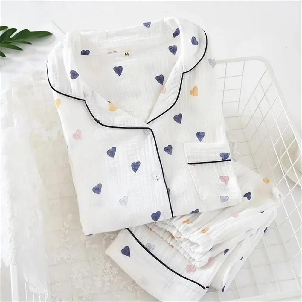 Conjunto de pijama estampado de primavera de dos piezas, holgado, cómodo, cárdigan de algodón para mujer, ropa de descanso