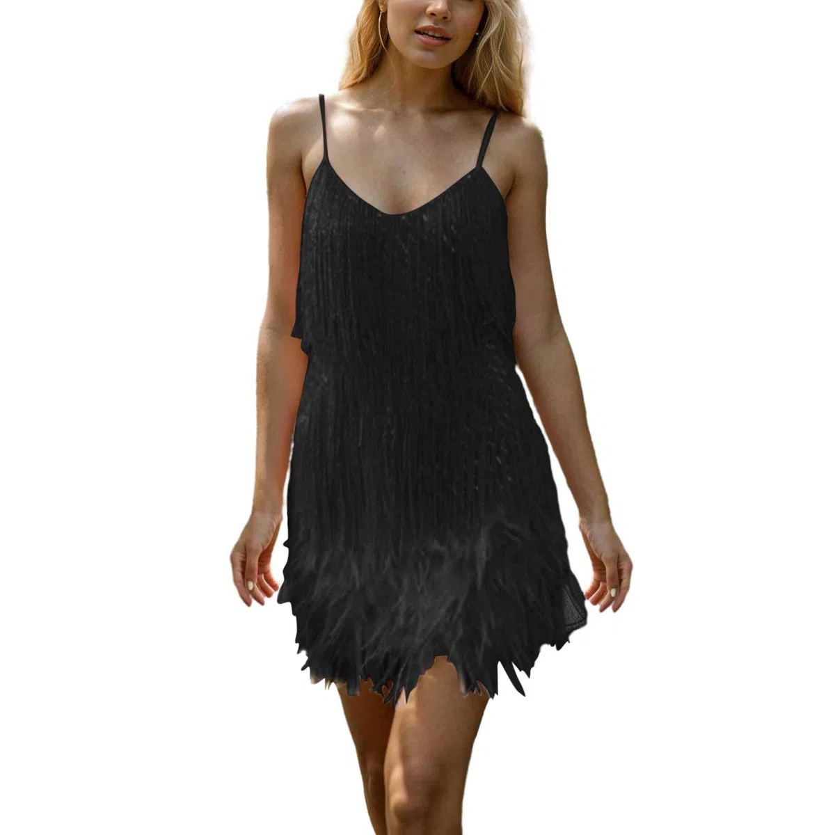 Vestido Femenino Elegante para Noche con Plumas y Lentejuelas de Moda en Tirantes y Escote en V