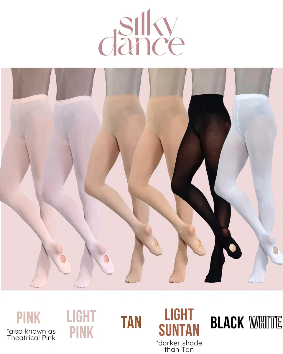 Silky Dance 2 pares de medias convertibles de ballet de danza, 60 denier, paquete múltiple para niñas, niños pequeños, adultos, mujeres, en rosa, rosa claro, blanco, negro, bronceado y bronceado claro