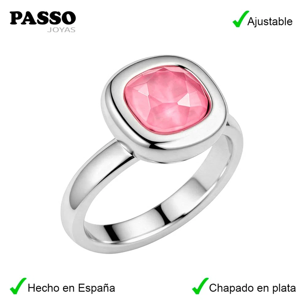 Passo Anillo plata mujer con piedra tallada en color rosa - Anillo solitario mujer ajustable, ideal para las tallas más comunes - Se envía en una cajita de regalo