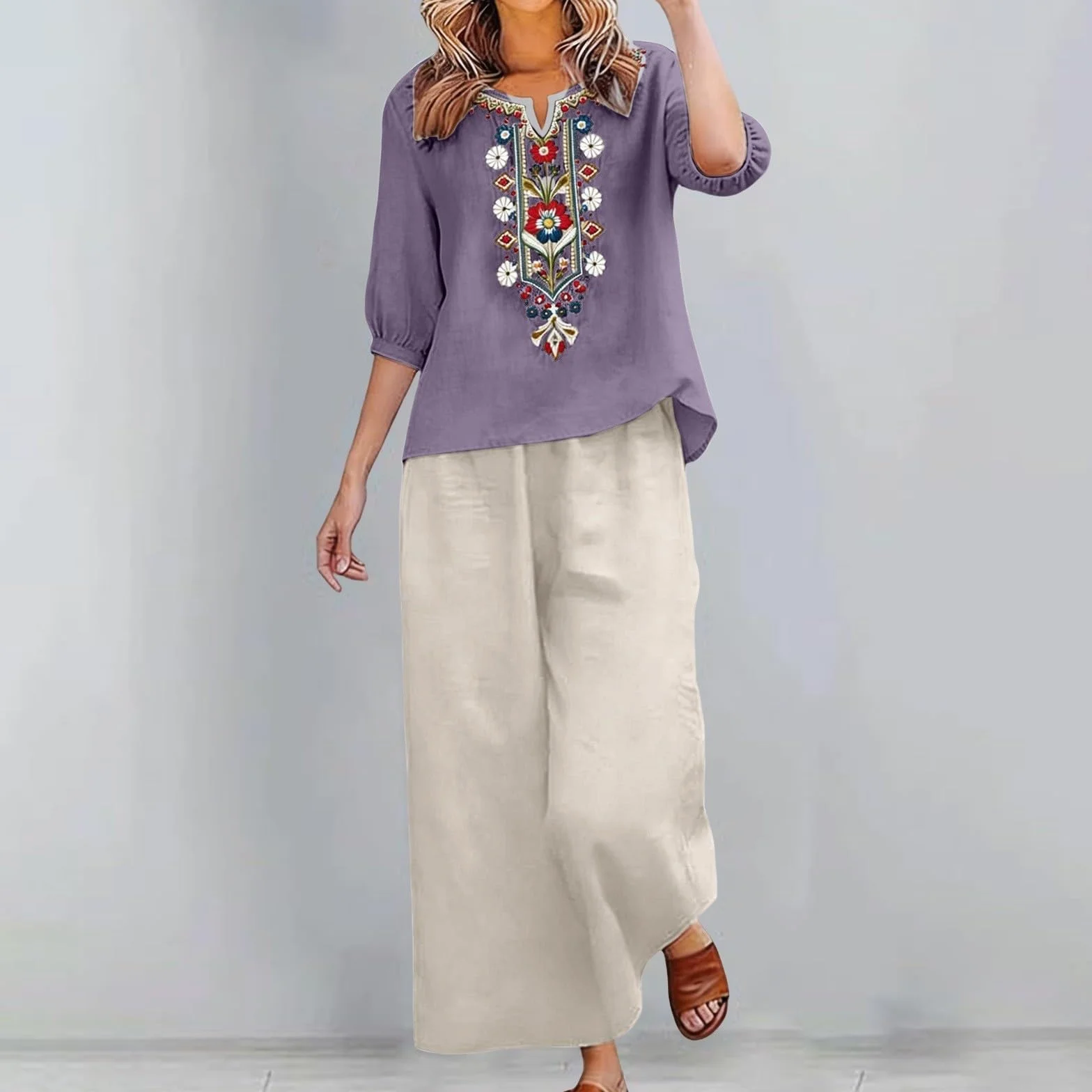 Conjunto Mujer Verano 2 Piezas Original Moda Algodon y Lino Traje de Primavera Ligero Chándal Blusa Manga 3/4 Pantalones Ropa de Playa Vacaciones Deportivo Casa Trabajo M-3XL