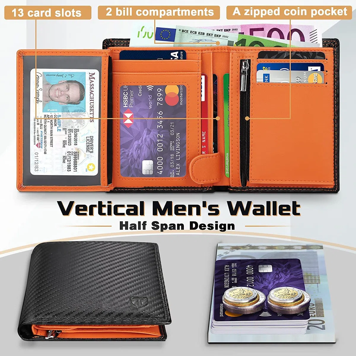 TEEHON Carteras de Cuero de Fibra de Carbono con Bloqueo RFID para Hombre con Bolsillo para Monedas con Cremallera, 11 tarjeteros, 2 Ventanas de identificación, 2 Compartimentos para Billetes