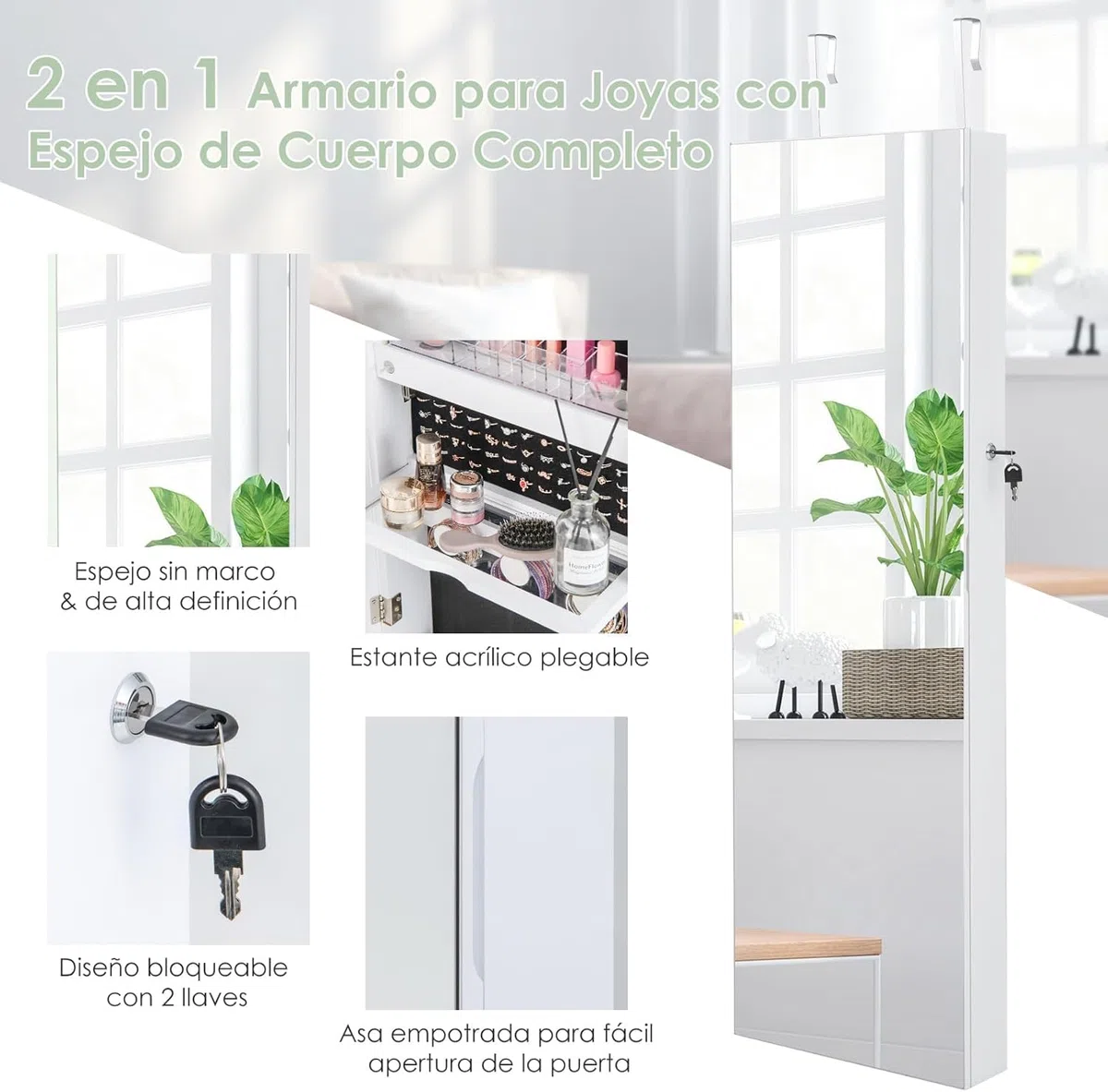 GOPLUS Armario para joyas con espejo, armario con espejo con luz LED de 3 colores, almacenamiento de joyas con cerradura, 37 cm x 10 cm x 135 cm (blanco)