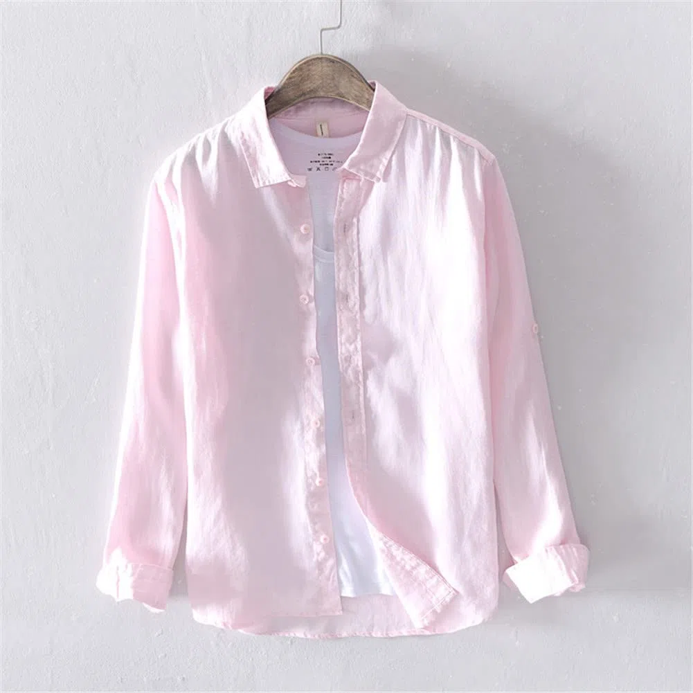 Vsadsau Camisa vintage de manga larga 100 % lino para hombre, estilo casual, L610 Blanco, 3XL