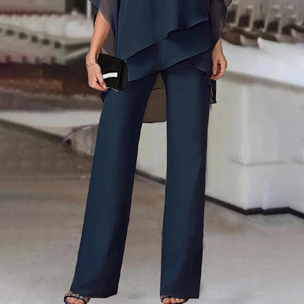 Generisch Traje de pantalón para mujer, elegante, vintage, juego de 2 piezas, traje de noche con tul, camiseta de gasa de dos piezas, camiseta de gasa y cintura alta, cóctel festivo, traje de pantalón