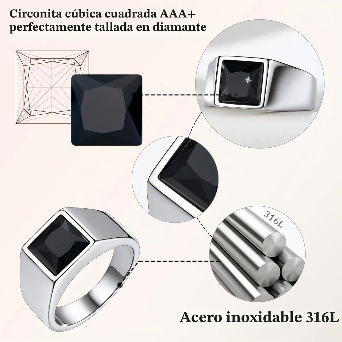 Bestyle Anillo de Sello Cuadrado Hombre Ancho 8mm Piedra Negro/Azul | Acero Inoxidable Personalizados Anillos para Mujer Hombre Tamaño 14.5-32.5