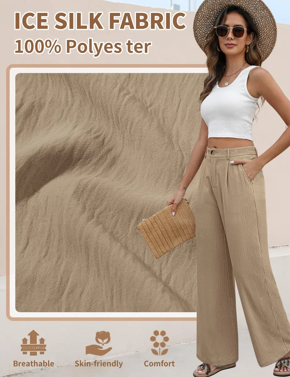 Pantalones Mujer Verano Suelto Rectos Casual Cintura Alta Elástica Anchos con Botones Ligero Cómodo Pantalones de Traje Playa Pantalones con Bolsillos