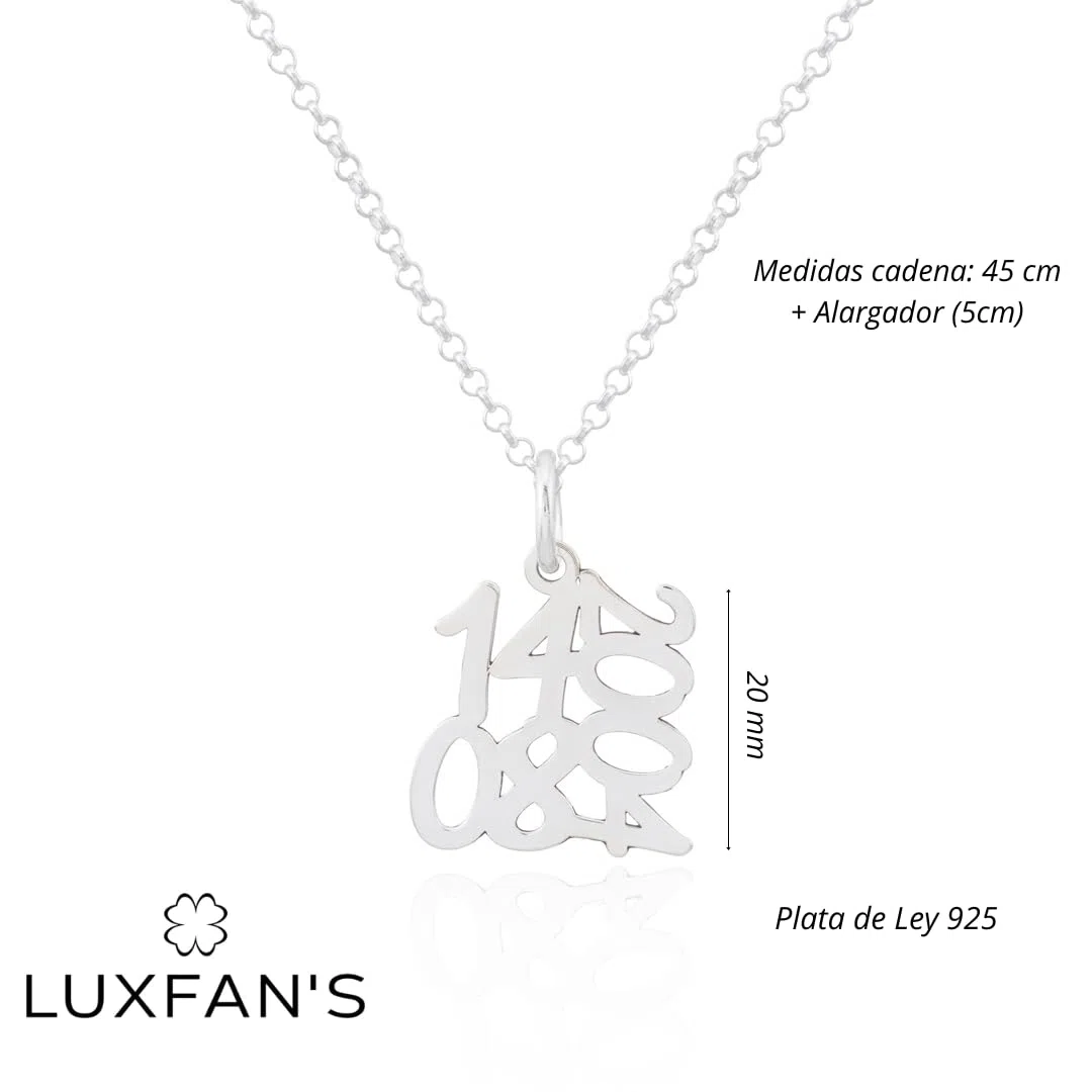 Collar con Fecha de Aniversario Mujer Unisex en Plata de Ley 925 Cadena de 45cm + Alargador. Regalo ideal de San Valentín, para Novia Madre Abuela. Hecho en España. (Collar Fecha Plata)