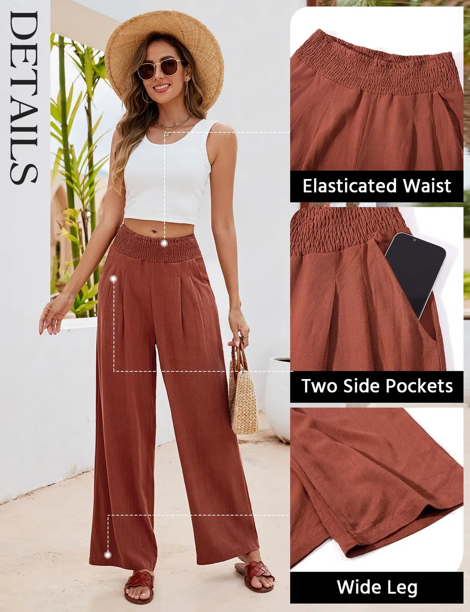 Pantalones Mujer Verano Algodón Lino Pantalón Suelto Cómodos Cintura Alta Elástico Casual Pantalones Flojo Playa Pantalones Anchos Largos