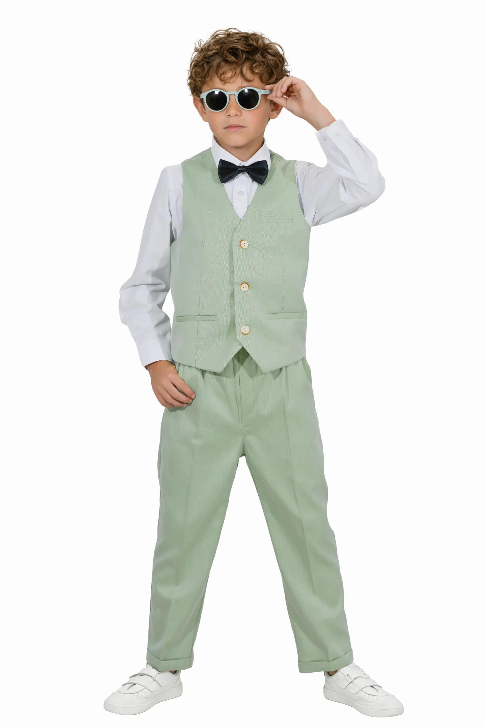 LOLANTA Traje de Etiqueta de 4 Piezas para niño, Conjunto de Chaleco, Ropa de Fiesta de Cumpleaños para Niños, Beige/Azul/Gris/Verde, 2-11 años