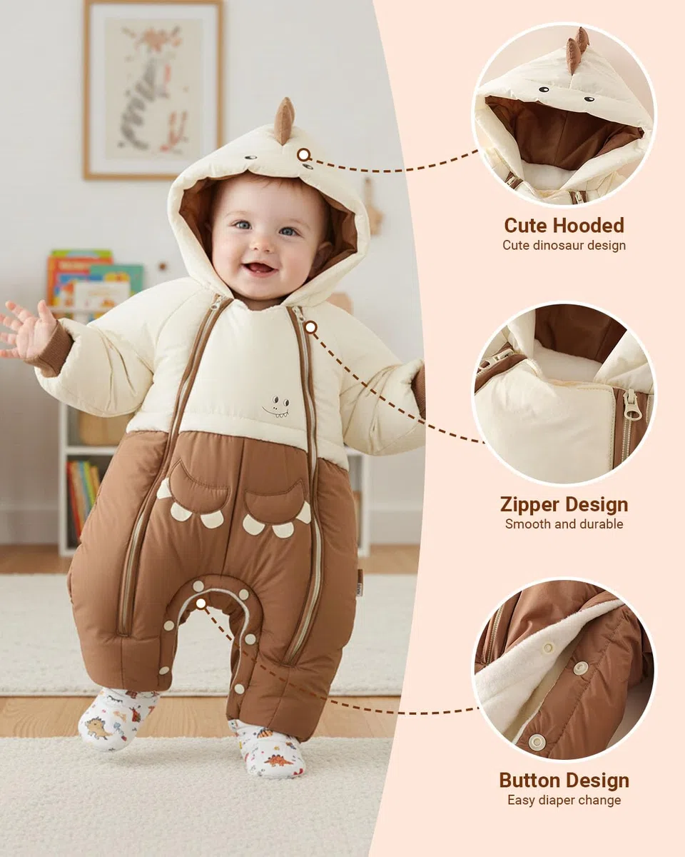 Acolchado Mono Bebe Invierno, Cute Dino Buzo Bebe Invierno Ropa Bebe Niño Biña, Double Zipper Mameluco Bebe Invierno, 3-24 Meses