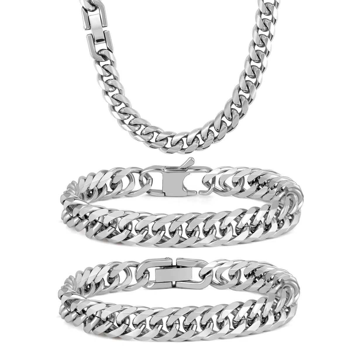 Juego de 3 pulseras de eslabones cubanos, cadena de eslabones cubanos de acero inoxidable 316L resistente para hombre, 8 mm, 7/8/9 pulgadas