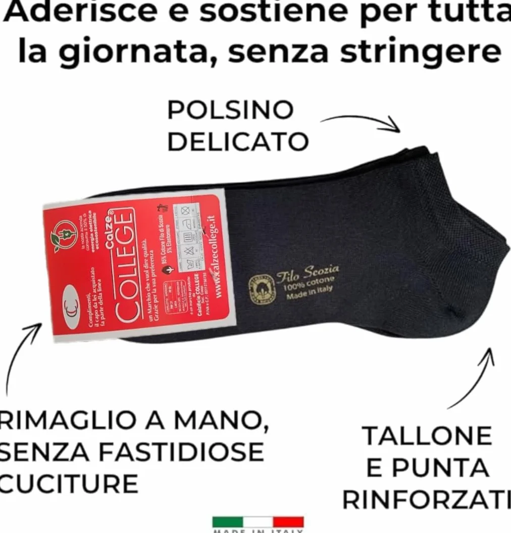 Calcetines invisibles College, 12 pares, De Algodón Puro Hilo De Escocia Elástico, materiales de primera calidad, fabricados en Italia.
