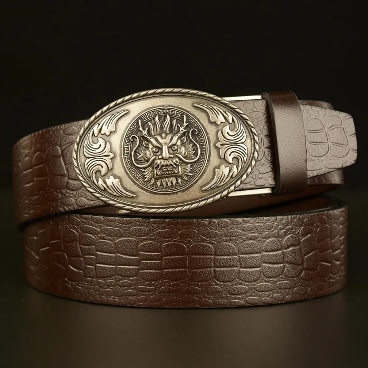 Cinturón De Piel Cocodrilo Con Relieve Trinquete For Hombre, Hebilla Deslizante Automática Cabeza Dragón Plateada