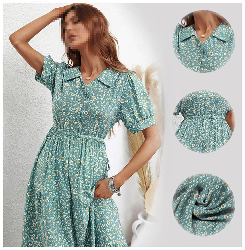 Vsadsau Vestido largo de verano para mujer, estampado floral, vestido midi de fiesta, manga corta, vestido largo acampanado