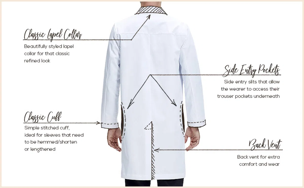 Dr. James Bata de laboratorio Premium Unisex para Hombres y Mujeres, con bolsillos para teléfono y tableta, ajuste clásico, cierre a presión oculto