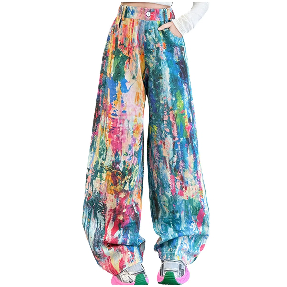 Pantalones Vaqueros Holgados para NiñAs, TeñIdo Tie-Dye Colorido Estilo, De Cintura Alta, De Pierna Ancha, Holgados, Estilo Streetwear, Vaqueros De Mezclilla, Ropa Hip Hop, para Adolescentes