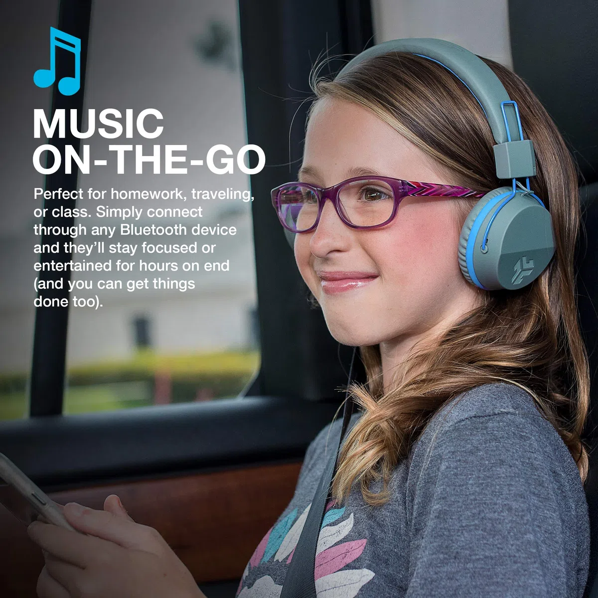 JLab JBuddies Studio - Auriculares Bluetooth para Niños con 24 Horas de Duración de la Batería, Over Ear Auriculares Niños con Kid Safe Limitador de Volumen y Micrófono (Azul)