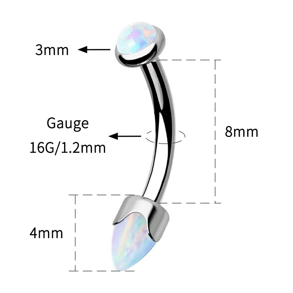 OUFER G23 Piercing de titanio curvo con barra de ópalo de 16 g, barra de ópalo con rosca interna de 8 mm, labret inferior, labio, orbital, caracola, tragus, cejas, regalo para mujeres y hombres