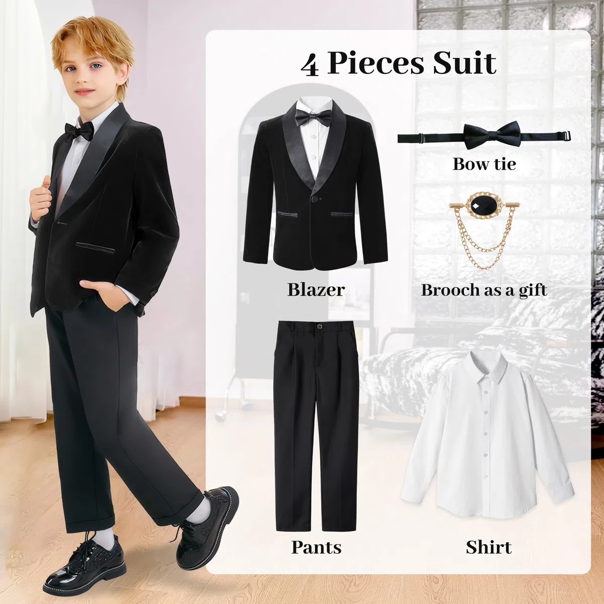 LOLANTA Traje de Esmoquin de Terciopelo para Niños, Traje Formal de Boda, Invierno, Juego Completo de 4 Piezas, Traje de Prom con Blazer, Pantalones, Camisa, Pajarita, Trajes de Esmoquin