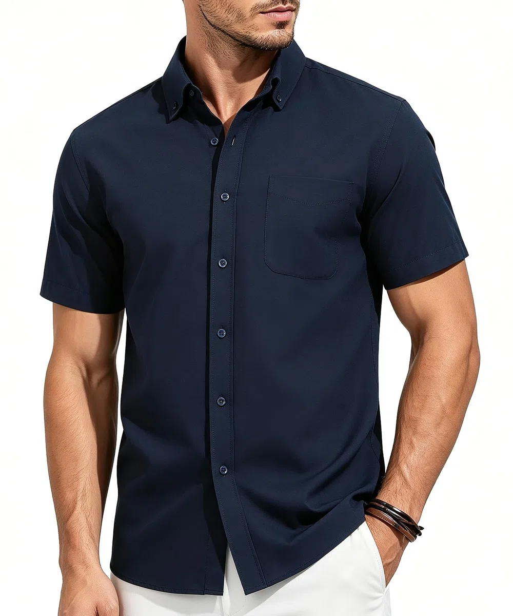 Casey Kevin Camisa Hombre Manga Corta - 100% Algodón - Cuello Abotonado | Camisa Hombre - 1 Bolsillo en el Pecho - Adecuado para el ocio, las vacaciones, la playa y los negocios