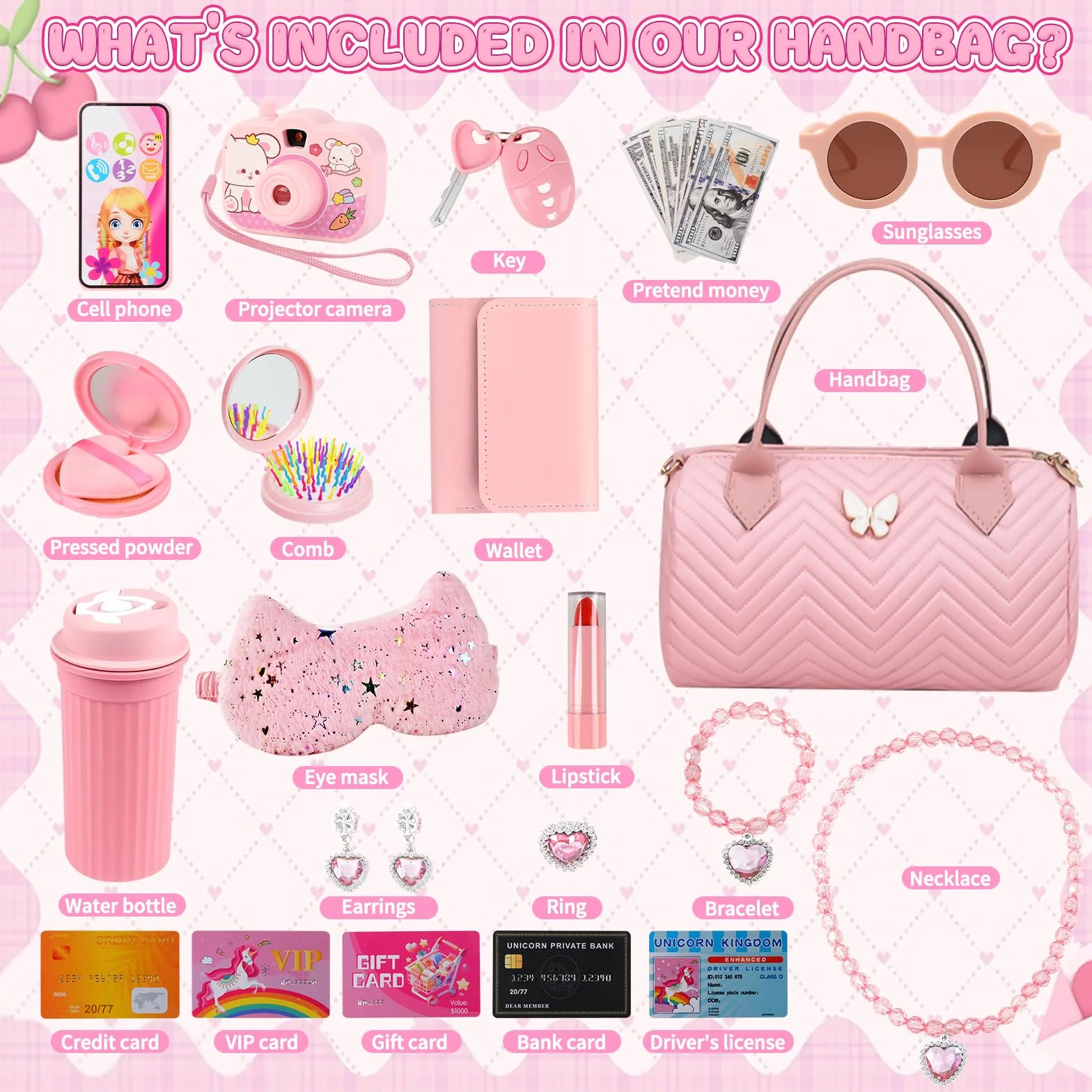 Bolso de Niña con Accesorios, Juguetes Niña de Maquillaje Falso Set, Juego de Bolso-Billetera, Teléfono, Gafas de Sol, Botella, Parche de Ojo, Joyas, Llaves, Cumpleaños Regalos Niñas 3 4 5 6 7 8 Años