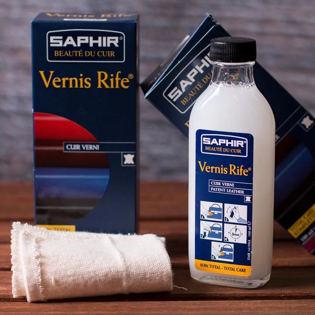 Saphir Vernis Rife 100 ml – Limpiador y abrillantador para cuero charol negro | Protege contra grietas y marcas | Brillo intenso sin siliconas | Con gamuza de aplicación