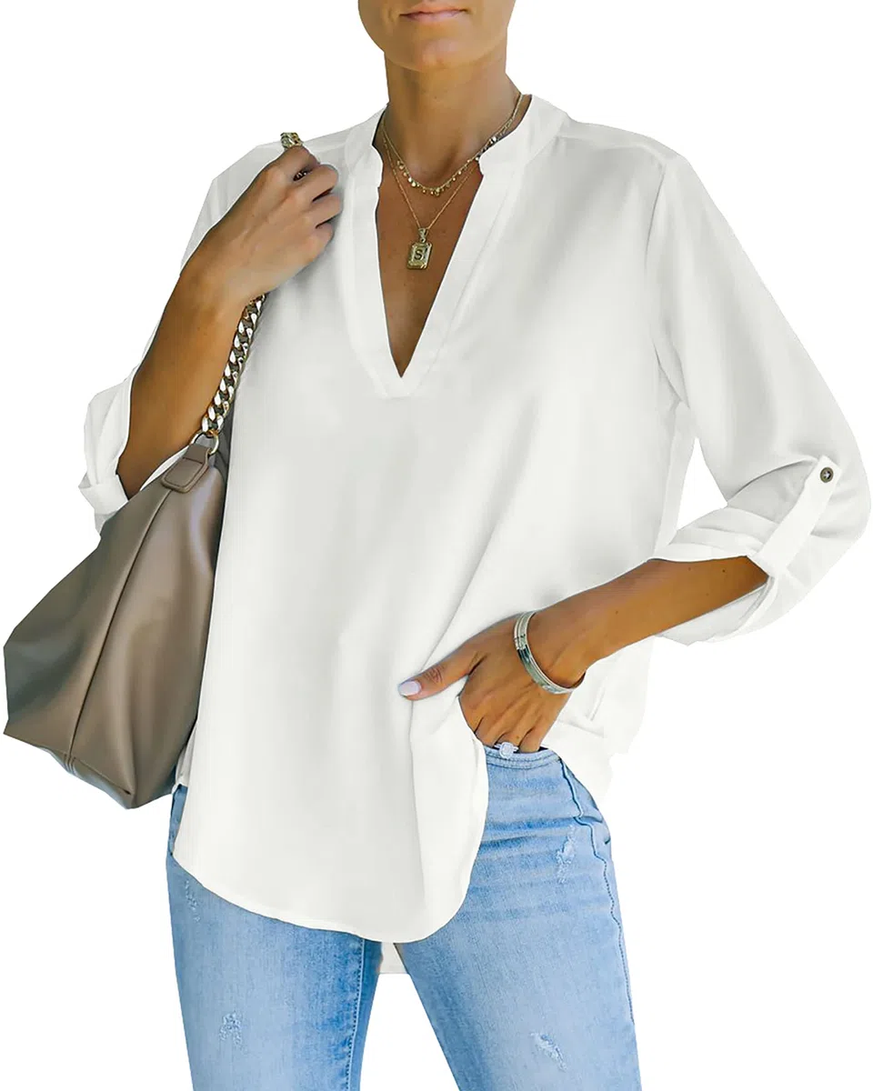 NONSAR Blusa elegante para mujer con cuello en V, blusa Henley con mangas que se pueden remangar, blusa suelta