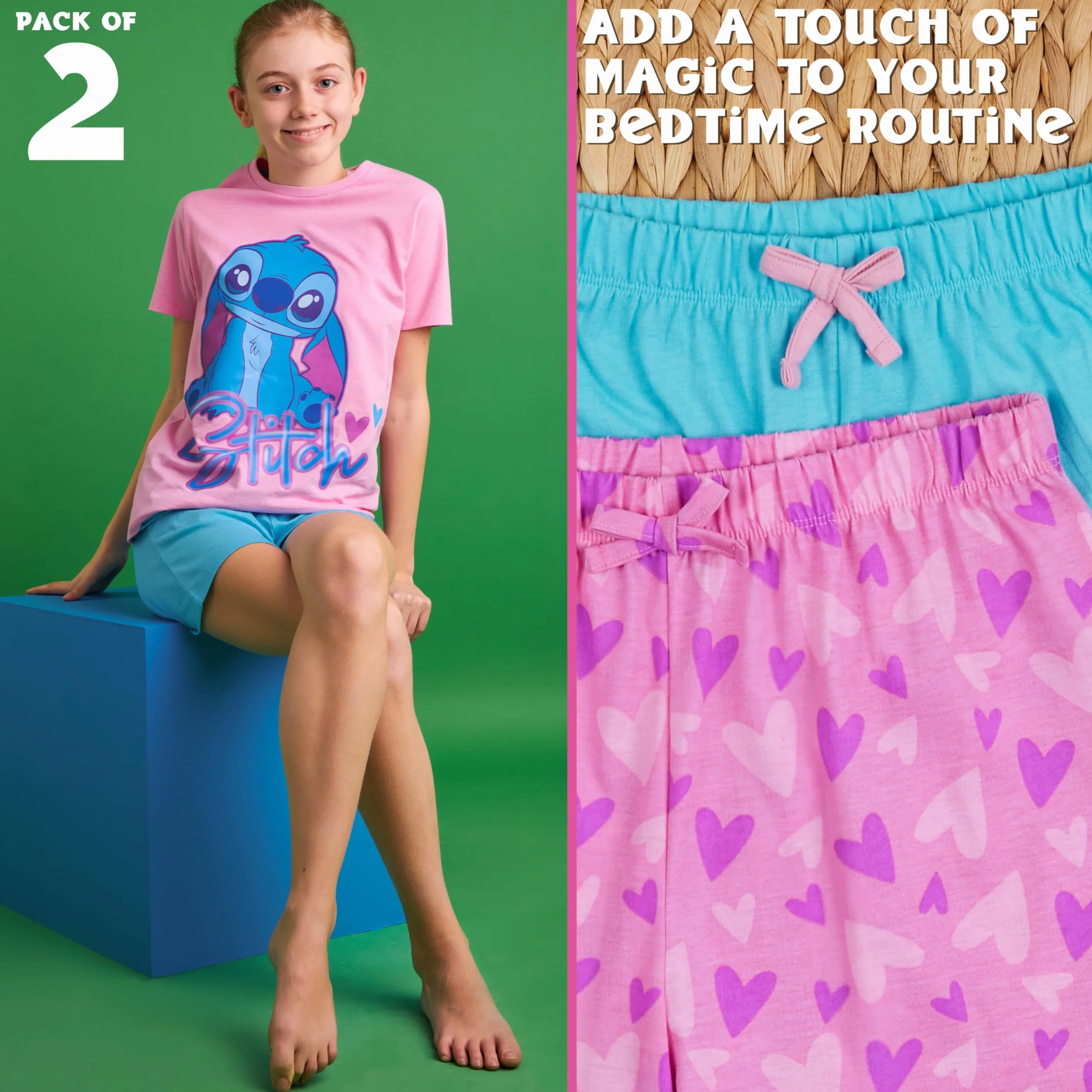 Disney Stitch Pijama Corto Niña, Conjunto Verano Camiseta Manga Corta y Pantalón, Pack de 1 o 2 Pijamas, Regalo para Niña
