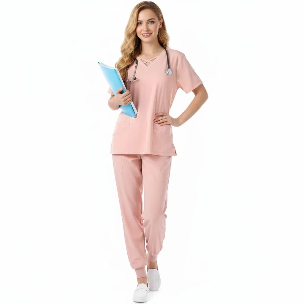 Conjunto de uniformes de enfermera para mujer Cuello redondo elástico Top Secado rápido Drawstring Yoga Jogging Pantalones Slim Fit Médico Ropa de trabajo DK53