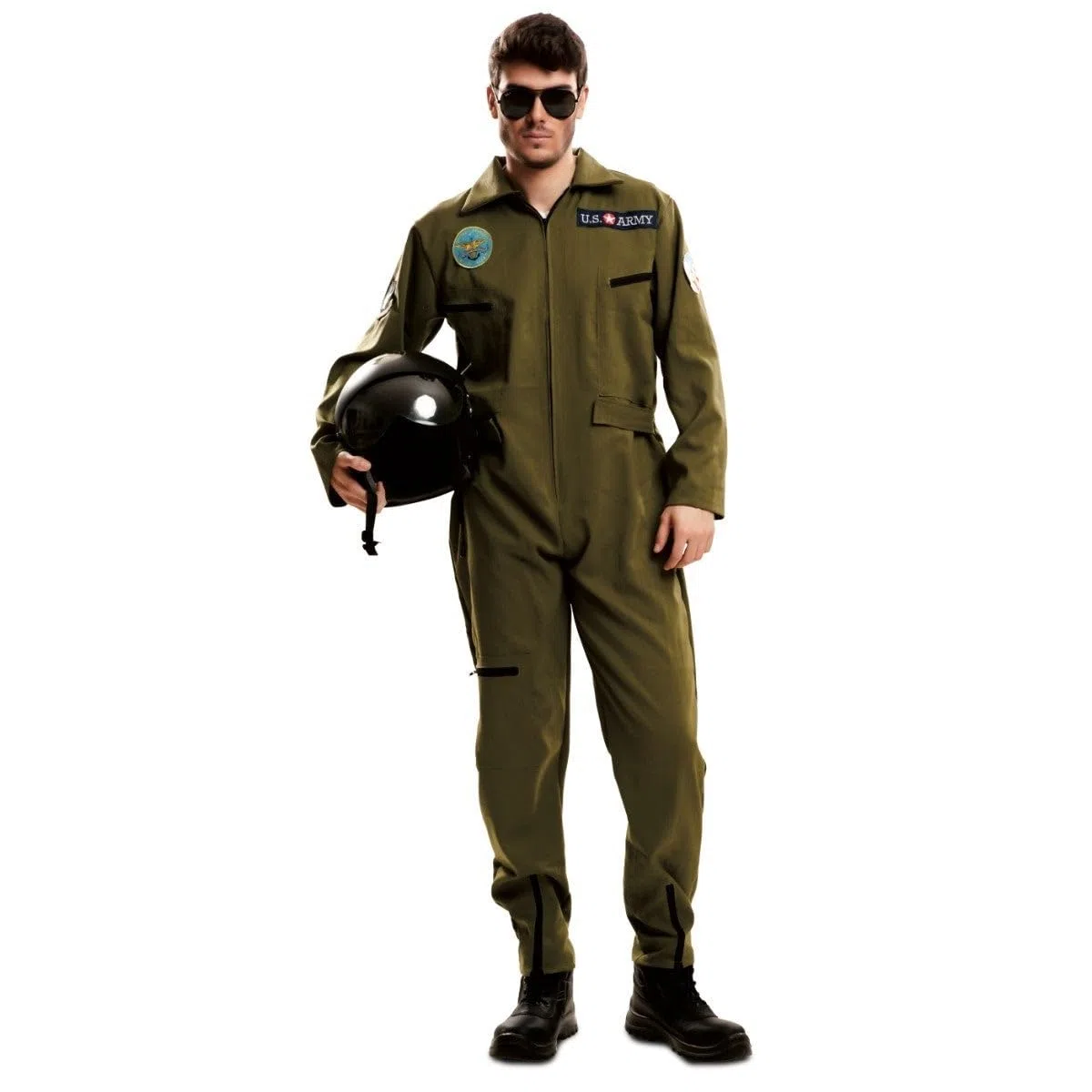 My Other Me - Disfraz Piloto hombre adulto en verde | Incluye mono verde oliva, bolsillos con cremallera, emblemas U.S. AIR FORCE y ARMY y cremalleras en tobillos