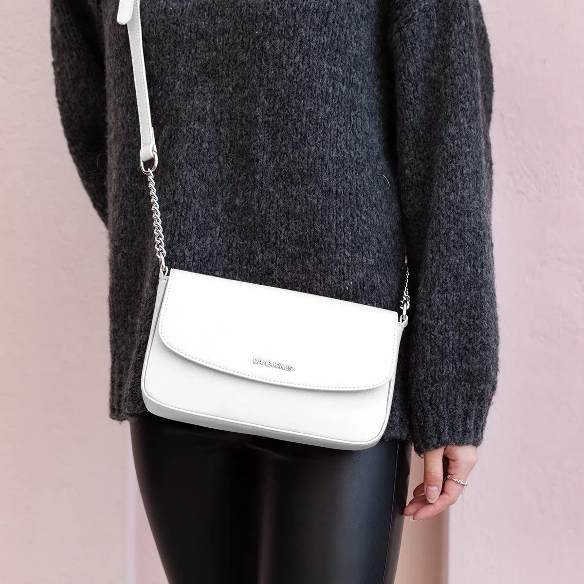 David Jones - Bolso Bandolera Mujer - Bolso de Mano Hombro Pequeño Cadena - Mensajero Cruzado PU Piel Cuero - Crossbody Bag Embrague Billetera Tarjeta Teléfono - Noche Shopping Ciudad - Blanco