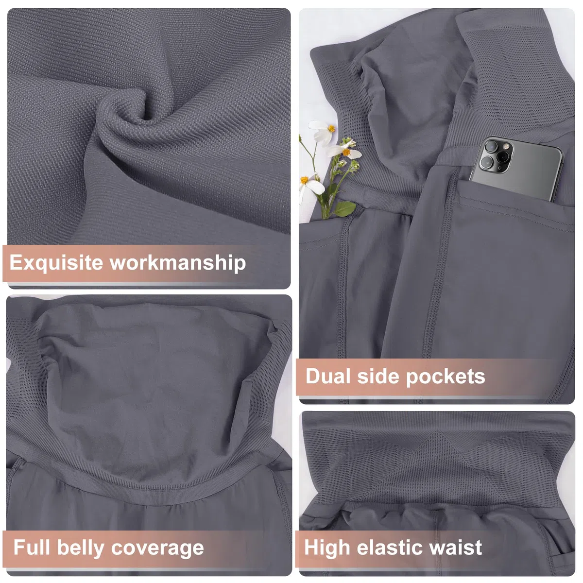 Maternidad Pantalones Cortos,Leggings Premamá Cortos Embarazo con Bolsillos,Ropa Premamá Verano Mujer,Premamá Leggins Pantalones Cortos sobre el Vientre,Cintura Alta Gris