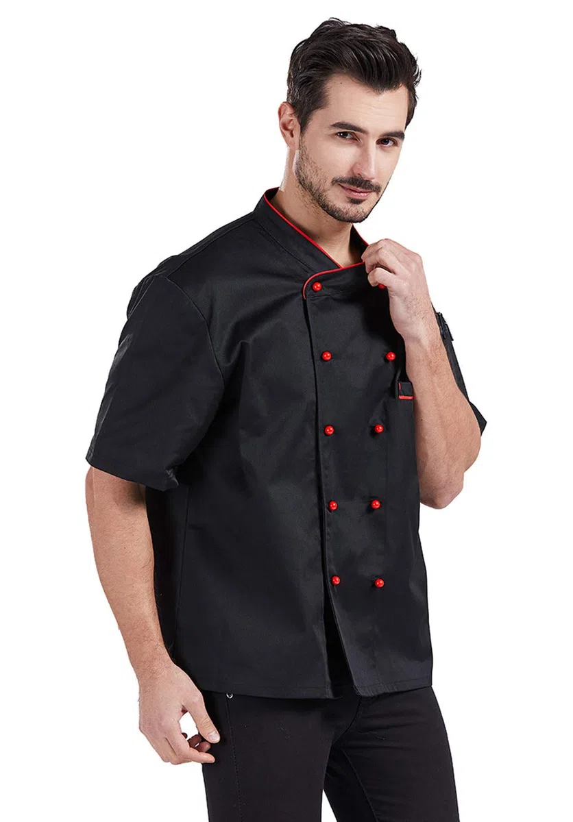 Nanxson Chaqueta de cocinero unisex para mujer, con botones de bola, transpirable, manga corta, cuello alto, ropa de cocina CFM0048