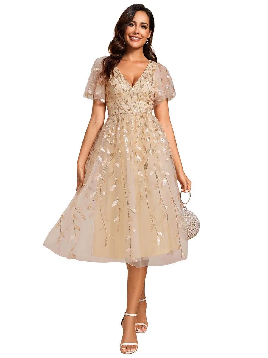 Ever-Pretty Vestido de Invitada de Boda Cuello en V Tul de Lentejuelas Mangas con Volantes para Boda Fiesta EG02230