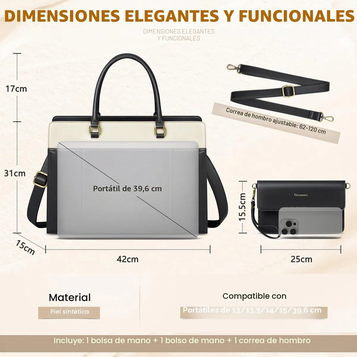 RAINSMORE Bolso Universidad Mujer Bolso Mujer Grande con Clutch Impermeable Ordenador Portatil 15.6 Pulgadas Bolsa Trabajo Shopper Oficina Negro