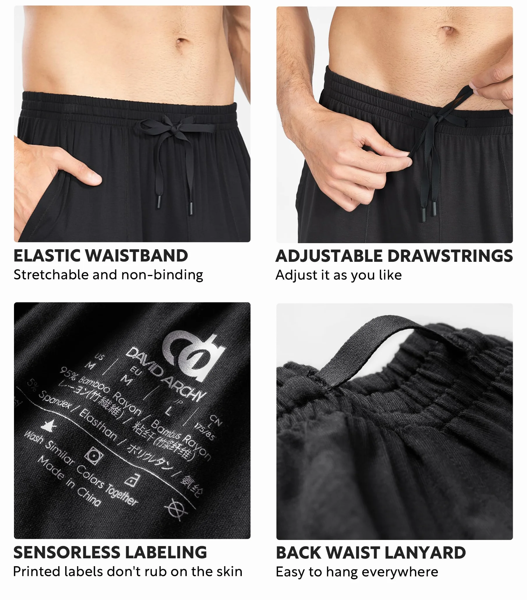 DAVID ARCHY Pantalones de Dormir para Hombre Pantalones Cortos de bambú Pantalones Cortos de Dormir de bambú Suaves, cómodos y Transpirables Pantalones de Dormir con Bolsillos 2 Piezas