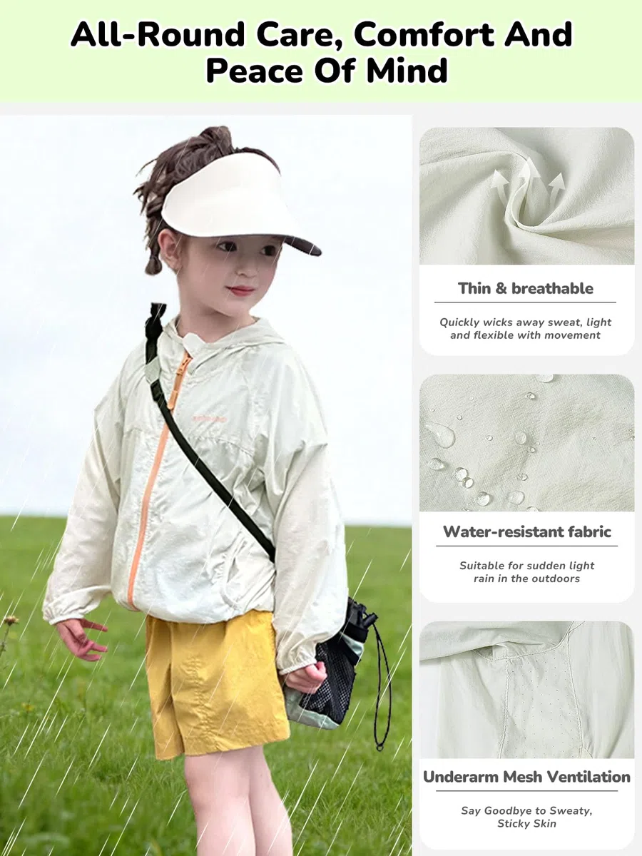 Miipat Chaqueta con Capucha de Verano para Niña, Ligera Chaqueta Protección Solar UPF 50+ Impermeable Secado Rápido Camiseta de Sol Tops y Cremallera para Niños
